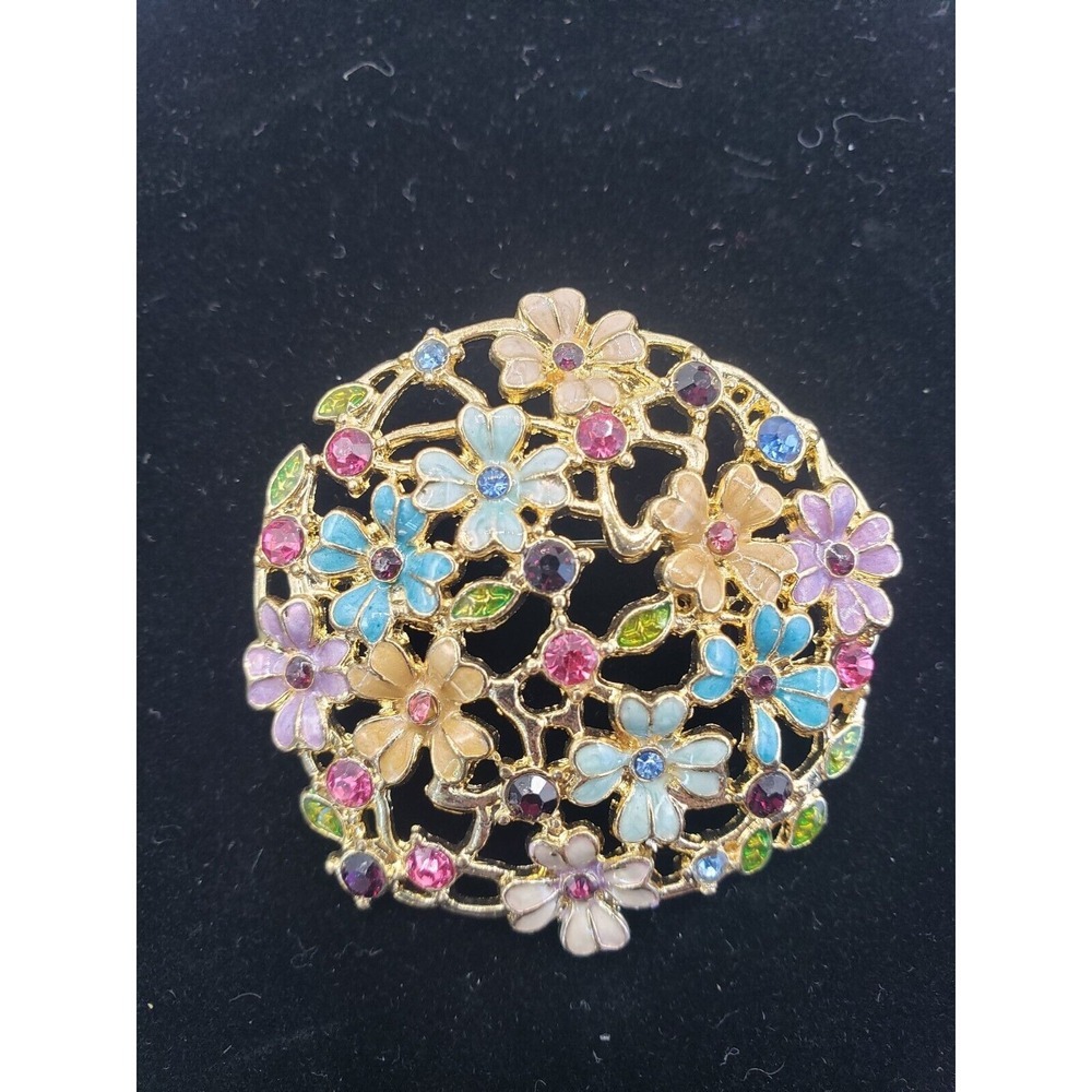 Vintage Brooch Pin‎ Enameled Pastel Floral Rhinestones Multicolor 1.8"X1.8"